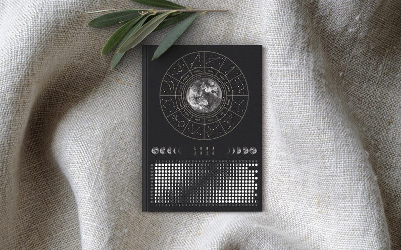 Cuaderno Calendario Lunar 2026 A6 negro // Diario de fases lunares, diario, cuaderno bohemio, astrología, seguimiento de hábitos imagen 1
