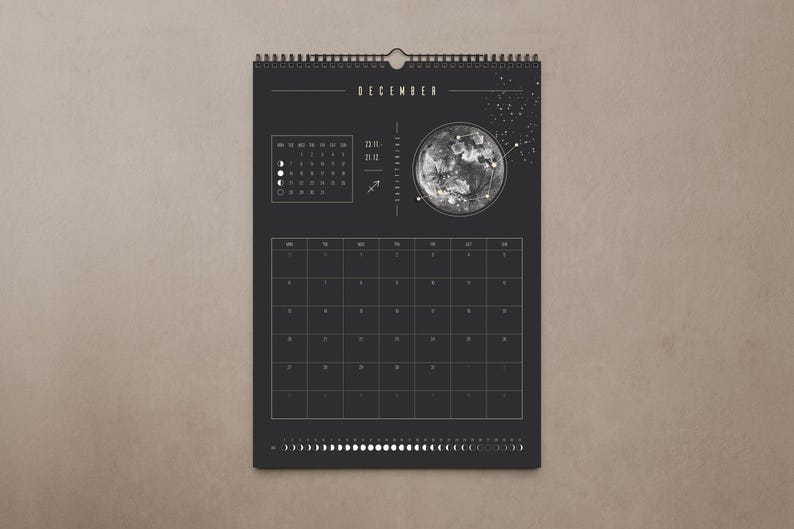 Månkalender 2027 Svart // Minimalistisk väggkalender, månfasposter, astrologikalender Boho, stjärnteckendekor, present bild 19