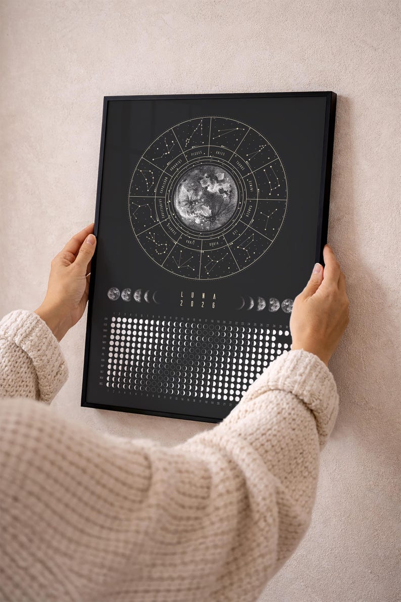 Moon Calendar 2026 Poster Black // Boho Wall Calendar with Moon Phases & Zodiac Signs | Astrology Wall Decor, Spiritual Gift Mindfulness image 6