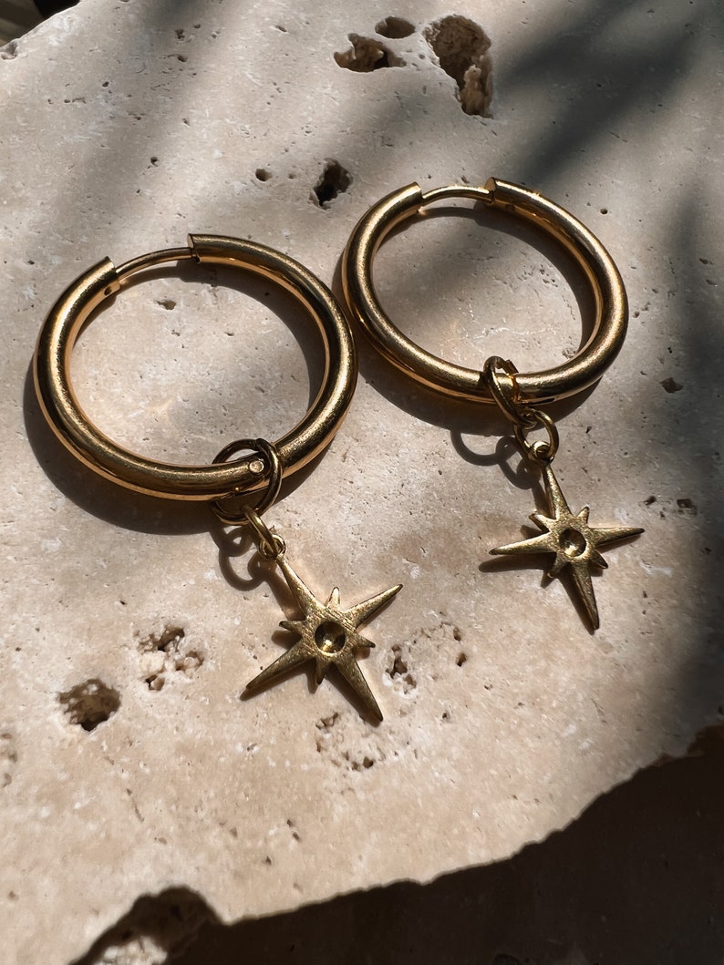 Hoop earrings compass needle star boho // earrings gold, design jewelry, modern shape image 5