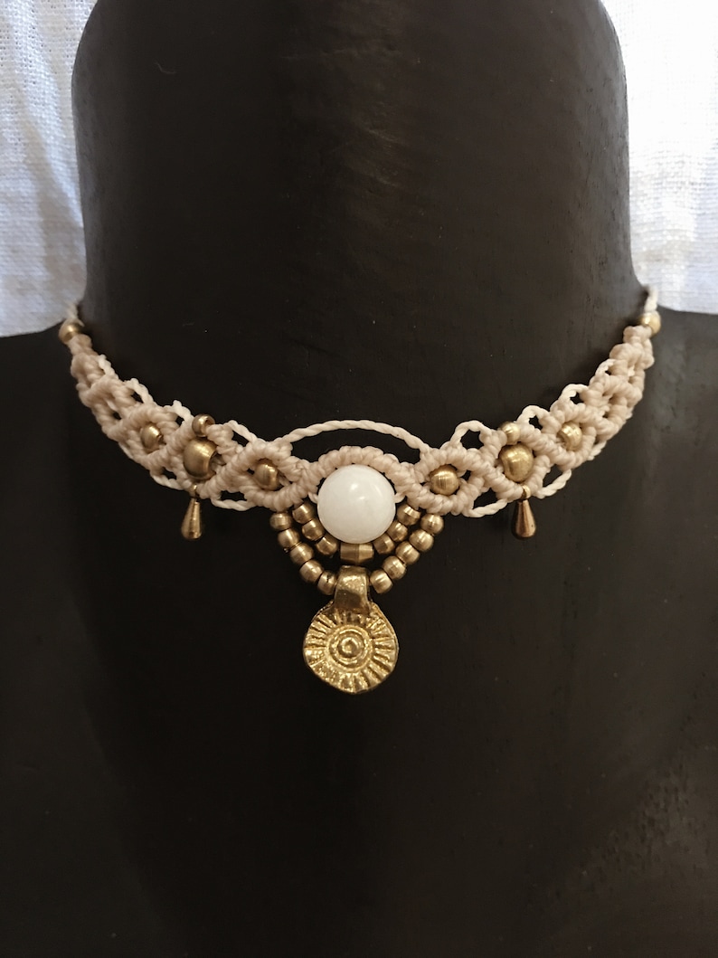 Moonstone macrame chain choker // sun, brass, gold, design jewellery, unique, boho, antique, adjustable image 2