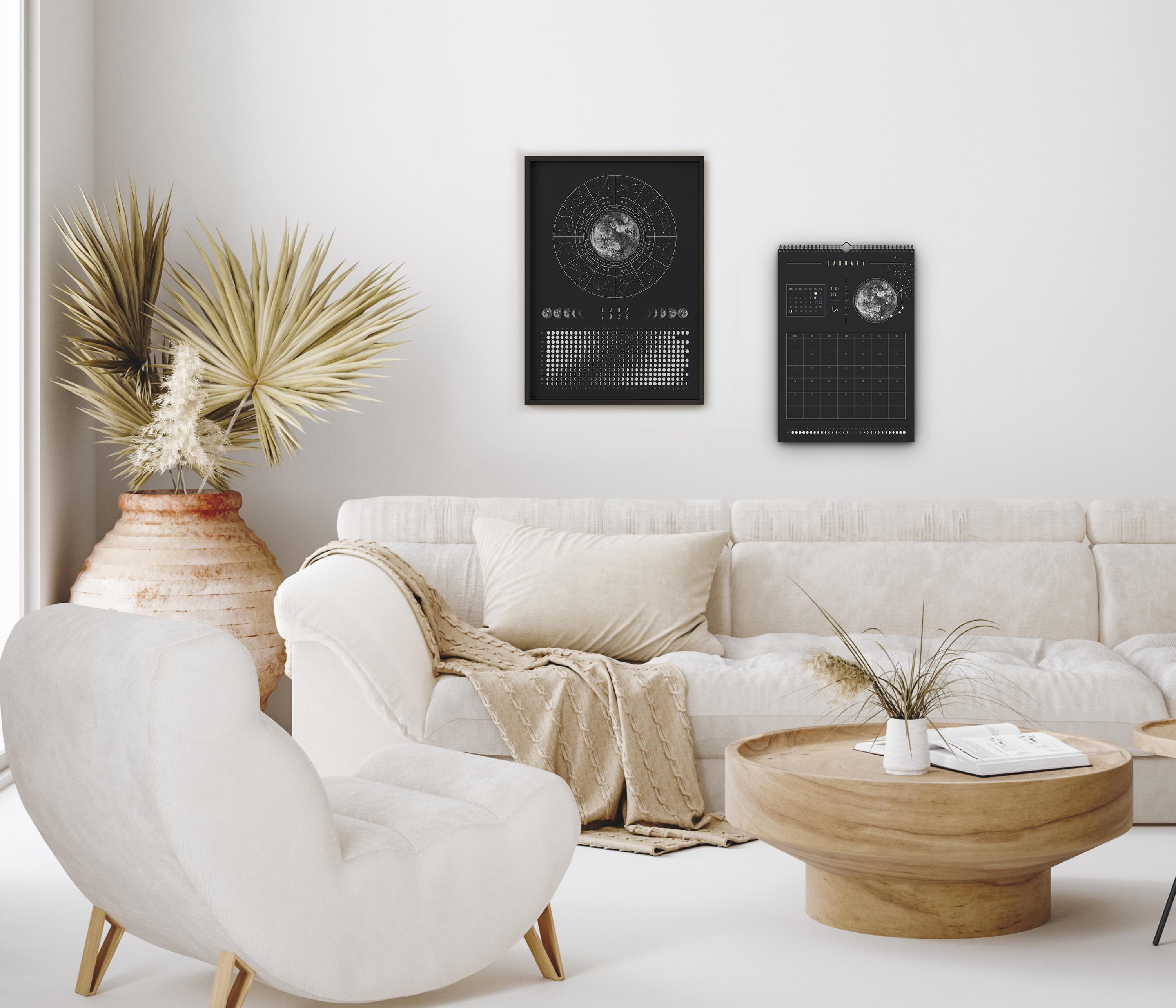 2026年ムーンカレンダーポスター（ブラック）//月の満ち欠けと星座が