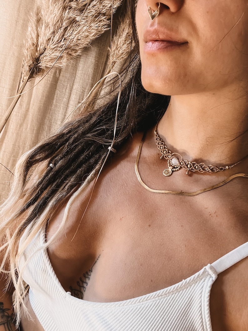 Maansteen macrame ketting choker//zon, messing, goud, design sieraden, uniek, boho, antiek, verstelbaar afbeelding 6