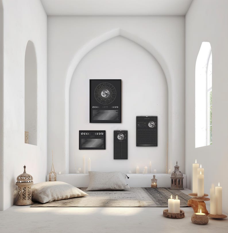 Månkalender 2027 Svart // Minimalistisk väggkalender, månfasposter, astrologikalender Boho, stjärnteckendekor, present bild 12