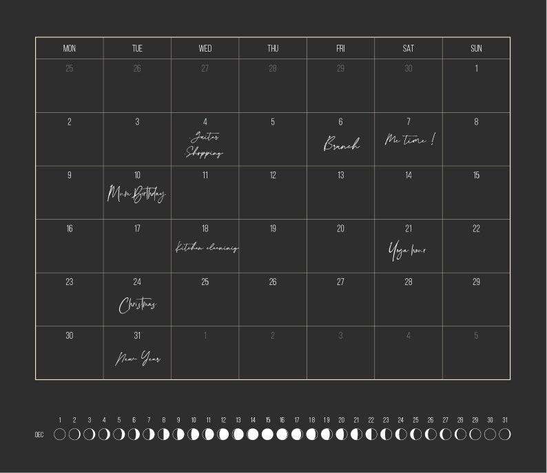 Månkalender 2027 Svart // Minimalistisk väggkalender, månfasposter, astrologikalender Boho, stjärnteckendekor, present bild 2