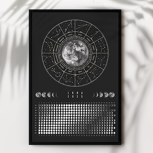 Maankalender 2025 Boho poster met maanfasen & sterrenbeelden // Astrologie kalender DIN A3, A4, spirituele wandkunst en decoratie