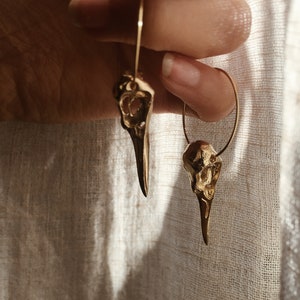 Hoop earrings bird skull gold & silver // Boho jewelry unique | Gothic ethnic statement jewelry | Festival tribal style