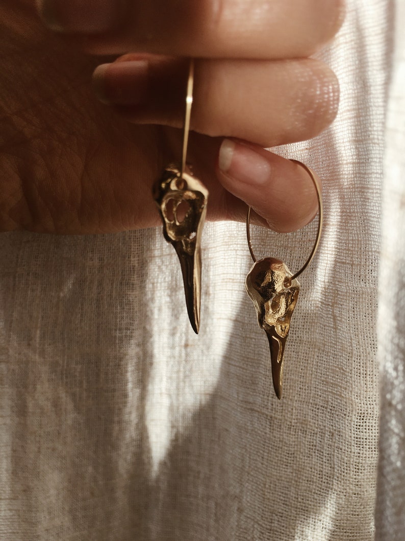 Hoop earrings bird skull // earrings antique jewelry, unique, boho, gold, silver, Celtic, Viking image 1