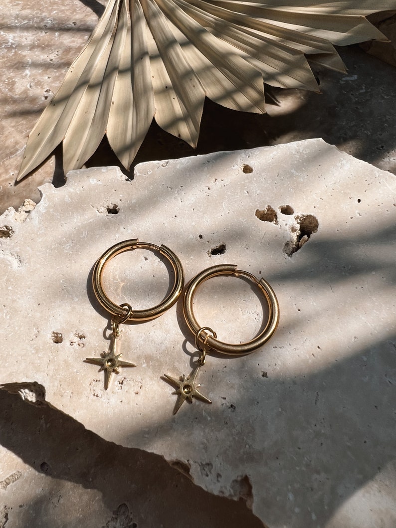 Hoop earrings compass needle star boho // earrings gold, design jewelry, modern shape image 2