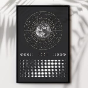 Peut inclure: Une affiche murale verticale encadrée sur fond gris foncé, présentant un zodiaque circulaire entourant une image détaillée de la lune. Le texte LUNA 2027 est inscrit au-dessus d'une grille composée de petites icônes des phases lunaires.
