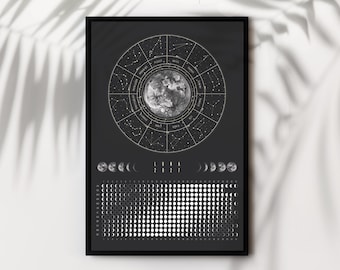 May include: A framed vertical wall art print featuring a dark grey background with a central circular zodiac chart surrounding a detailed moon image. Below this, the text LUNA 2027 appears above a grid of small circular moon phase icons.