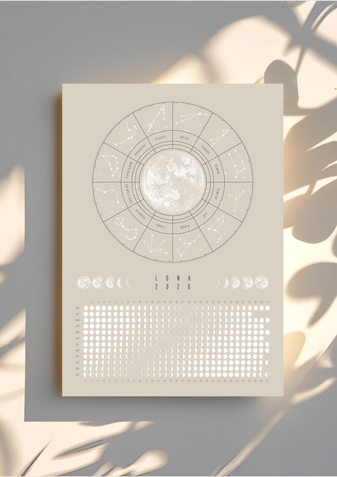 Moon Calendar 2026 Digital Download, Moon Phase Poster With Zodiac ...