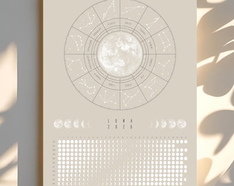 Moon Calendar 2026 Digital Download, Moon Phase Poster with Zodiac Signs, Astrology Calendar Boho, Spiritual Wall Decor Beige
