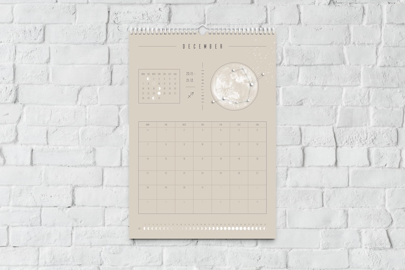 Kalendarz księżycowy 2026 Beżowy // Minimalistyczny kalendarz ścienny, plakat z fazami księżyca, kalendarz astrologiczny Boho, dekoracja ze znakiem zodiaku, sztuka ścienna z pełnią księżyca zdjęcie 10