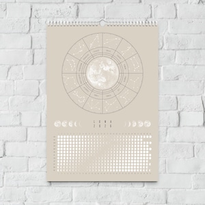 Kalendarz księżycowy 2026 Beżowy // Minimalistyczny kalendarz ścienny, plakat z fazami księżyca, kalendarz astrologiczny Boho, dekoracja ze znakiem zodiaku, sztuka ścienna z pełnią księżyca zdjęcie 9