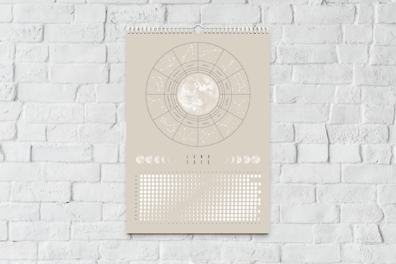 Kalendarz księżycowy 2026 Beżowy // Minimalistyczny kalendarz ścienny, plakat z fazami księżyca, kalendarz astrologiczny Boho, dekoracja ze znakiem zodiaku, sztuka ścienna z pełnią księżyca zdjęcie 9