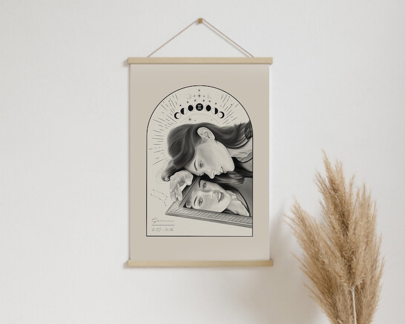 Cartel signo zodiacal Géminis, ilustración // astrología, regalo, decoración pared, boho, arte Ja