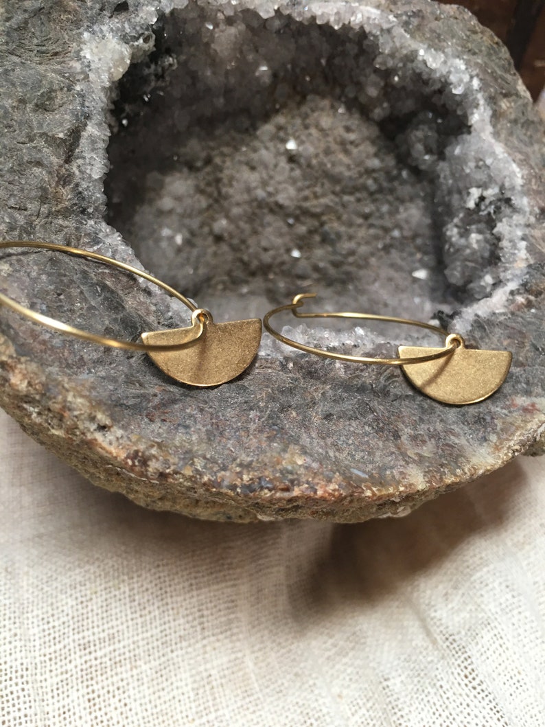 Half moon hoop earrings brass // earrings gold, design jewelry, modern shape, antique image 4