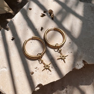 Hoop earrings compass needle star boho // earrings gold, design jewelry, modern shape image 4