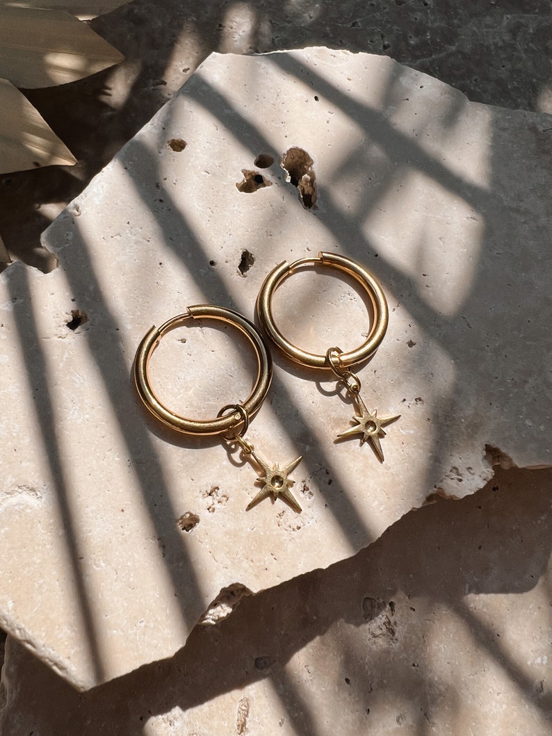 Hoop earrings compass needle star boho // earrings gold, design jewelry, modern shape image 4