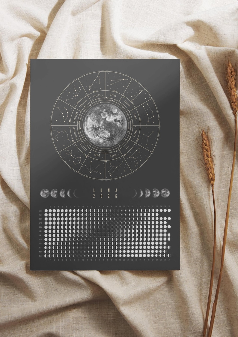 Moon Calendar 2026 Poster Black // Boho Wall Calendar with Moon Phases & Zodiac Signs | Astrology Wall Decor, Spiritual Gift Mindfulness image 5