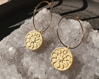 Moon phase coin hoop earrings gold // brass earrings, design jewelry, modern shape, antique