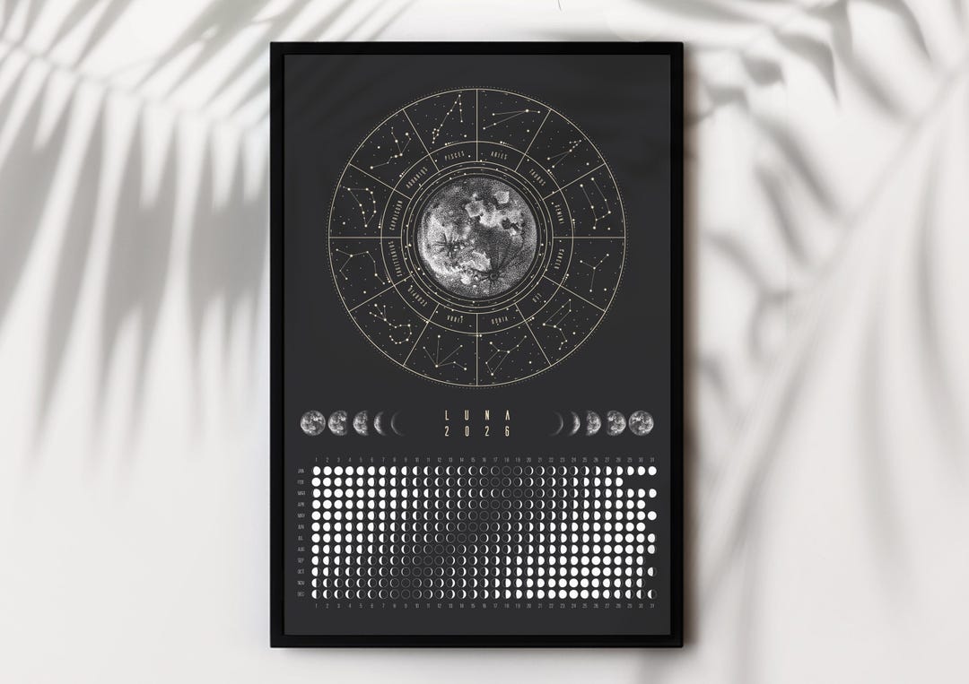 Moon Calendar 2026 Poster Black // Boho Wall Calendar With Moon Phases ...