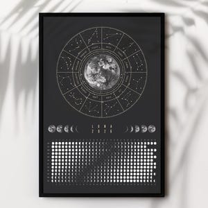 Moon Calendar 2026 Poster Black // Boho Wall Calendar with Moon Phases & Zodiac Signs | Astrology Wall Decor, Spiritual Gift Mindfulness
