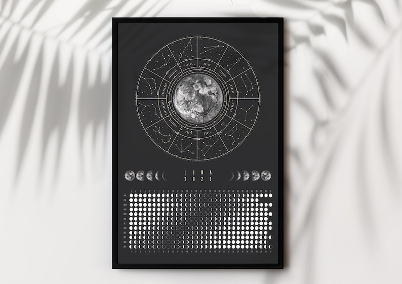 Moon Calendar 2026 Poster Black // Boho Wall Calendar with Moon Phases & Zodiac Signs | Astrology Wall Decor, Spiritual Gift Mindfulness image 1