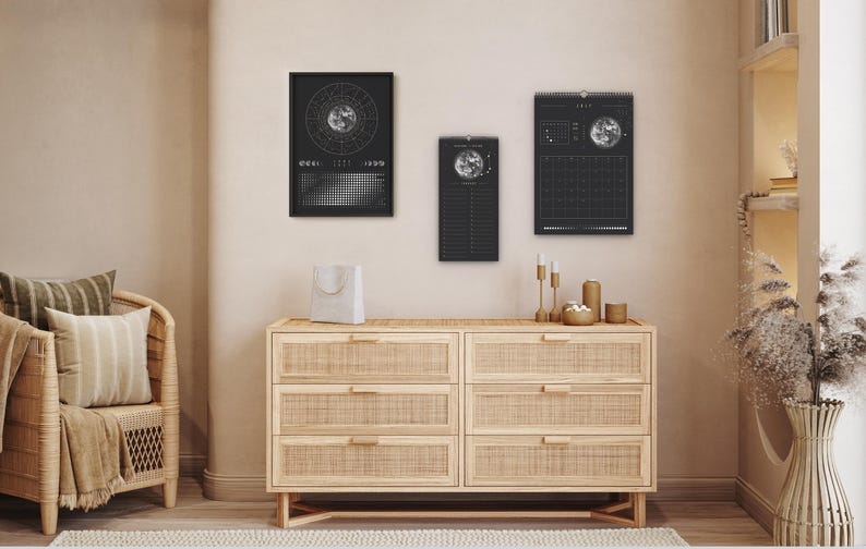Månkalender 2027 Svart // Minimalistisk väggkalender, månfasposter, astrologikalender Boho, stjärnteckendekor, present bild 13
