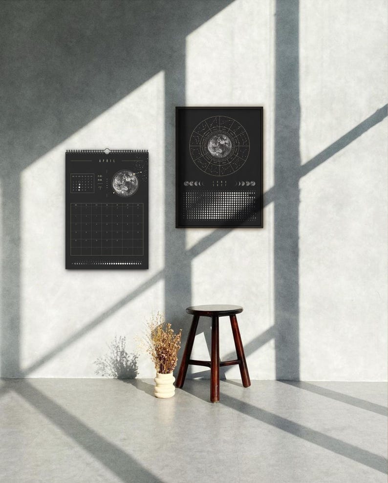 Månkalender 2027 Svart // Minimalistisk väggkalender, månfasposter, astrologikalender Boho, stjärnteckendekor, present bild 17