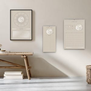 Kalendarz księżycowy 2026 Beżowy // Minimalistyczny kalendarz ścienny, plakat z fazami księżyca, kalendarz astrologiczny Boho, dekoracja ze znakiem zodiaku, sztuka ścienna z pełnią księżyca zdjęcie 7