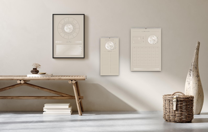 Kalendarz księżycowy 2026 Beżowy // Minimalistyczny kalendarz ścienny, plakat z fazami księżyca, kalendarz astrologiczny Boho, dekoracja ze znakiem zodiaku, sztuka ścienna z pełnią księżyca zdjęcie 7