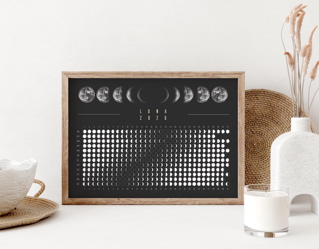 Moon Calendar 2026 Poster Black // Boho Wall Calendar With Moon Phases ...