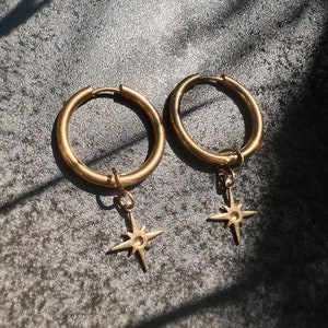 Hoop earrings compass needle star boho // earrings gold, design jewelry, modern shape image 1