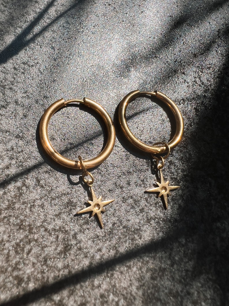 Hoop earrings compass needle star boho // earrings gold, design jewelry, modern shape image 1