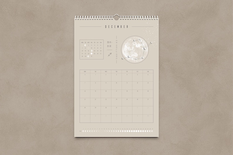 Kalendarz księżycowy 2026 Beżowy // Minimalistyczny kalendarz ścienny, plakat z fazami księżyca, kalendarz astrologiczny Boho, dekoracja ze znakiem zodiaku, sztuka ścienna z pełnią księżyca zdjęcie 12