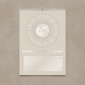 Kalendarz księżycowy 2026 Beżowy // Minimalistyczny kalendarz ścienny, plakat z fazami księżyca, kalendarz astrologiczny Boho, dekoracja ze znakiem zodiaku, sztuka ścienna z pełnią księżyca zdjęcie 2