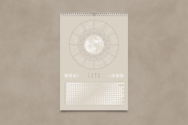 Kalendarz księżycowy 2026 Beżowy // Minimalistyczny kalendarz ścienny, plakat z fazami księżyca, kalendarz astrologiczny Boho, dekoracja ze znakiem zodiaku, sztuka ścienna z pełnią księżyca zdjęcie 2