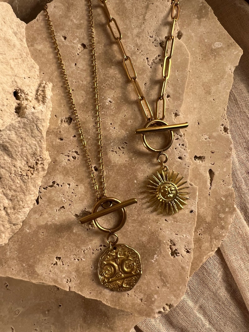 Boho necklace with interchangeable pendant, sun, coin, unique, gold // designer jewelry, antique image 6