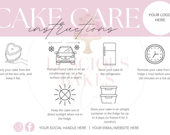Editable Cake Care / Cake Cutting Guide / Thankyou Leaflet / Cake Care Template
