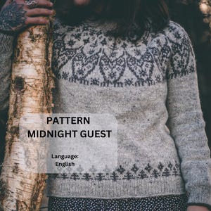 Puede incluir: Un suéter de punto gris con un patrón geométrico blanco y negro. El suéter tiene cuello redondo y mangas largas. El texto "PATTERN MIDNIGHT GUEST" y "Language: English" está impreso en un rectángulo blanco.
