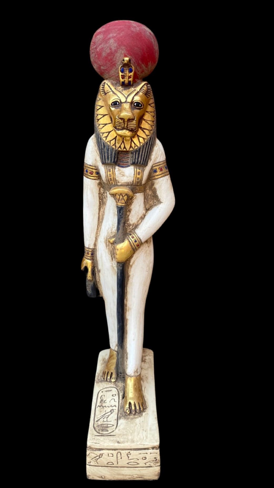 A wonderful and unique statue of Sekhmet, a mixture of natural colors and gold leaf hand made by me MO Taghian Made in Egypt