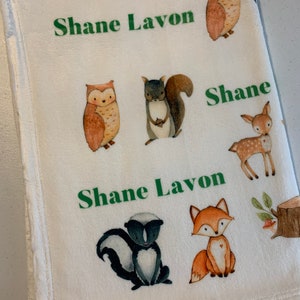 Personalized Baby Name Baby Blanket - Woodland Animals Bear Fox Deer Skunk Owl Squirrel - Soft Plush Fleece