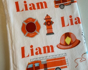 Personalized Baby Name Baby Blanket - Red Firetruck Firefighter Boy - Soft Plush Fleece