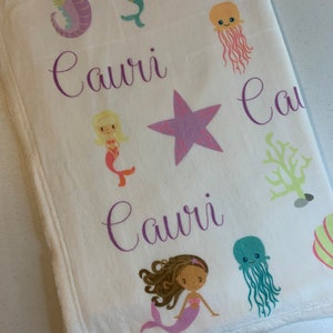 Personalized Baby Name Baby Blanket - Under the Sea Mermaids - Soft Plush Fleece