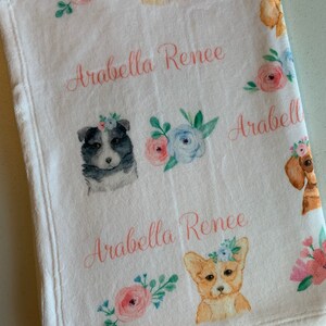 Personalized Baby Name Baby Blanket - Floral Dogs - Soft Plush Fleece