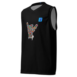 Graffitied Shaka sign on Recycled unisex basketball jersey