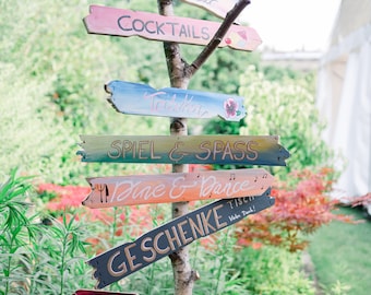 Individual hand-painted wooden signs, signposts