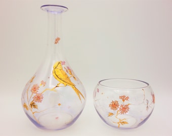 Rousseau & Leveillé pour Baccarat - Carafe et bol en cristal - décor émaillé - Japonisme